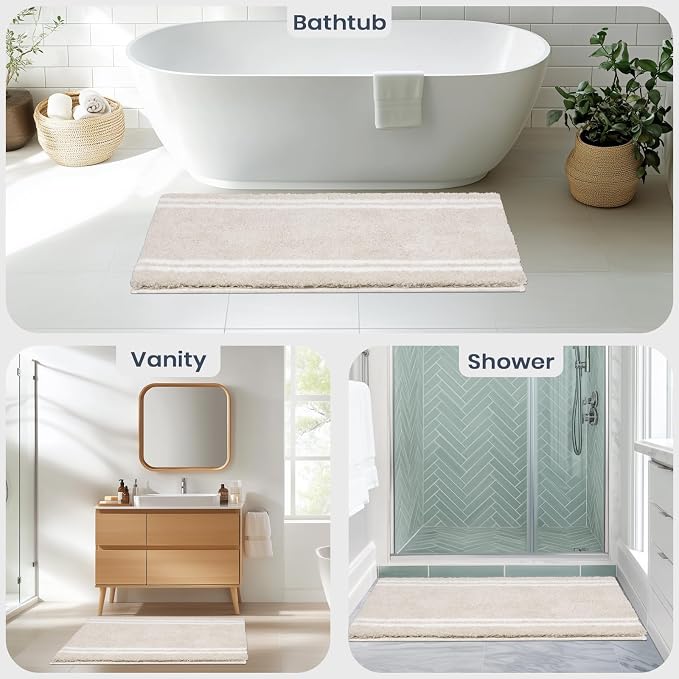 PURRUGS Bathroom Rug Non-Slip Machine Washable 20" x 30", Super Absorbent and Quick Dry Shaggy Microfiber Bath Mat, Extra Soft and Plush Bath Rug for Bathtub, Shower, and Sink, Beige