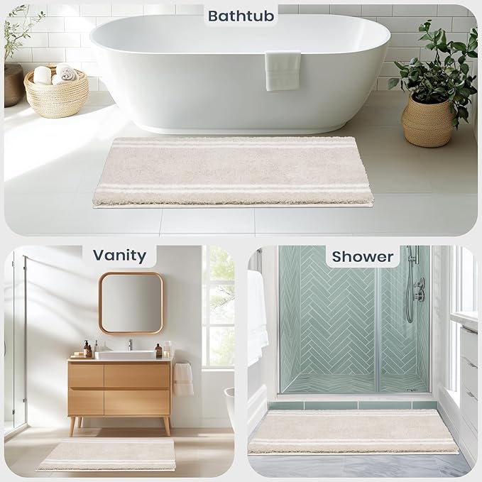 PURRUGS Bathroom Rug Non-Slip Machine Washable 30" x 60", Super Absorbent and Quick Dry Shaggy Microfiber Bath Mat, Extra Soft and Plush Bath Rug for Bathtub, Shower, and Sink, Beige