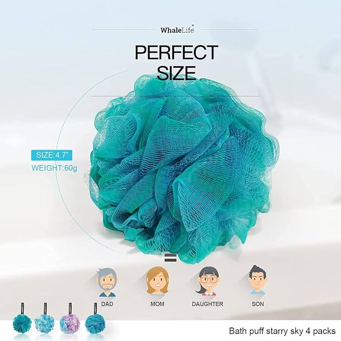 Loofah Sponge Bath Sponge for Women Men 4 Pack (Blue Conbine)