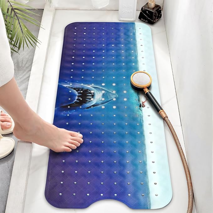 Bathtub Mat Non Slip, Shark Extra Long Bath tub Mat Shower Floor Mat with Suction Cups and Drain Holes for Adults Kids Elderly 40 X 16 Inch