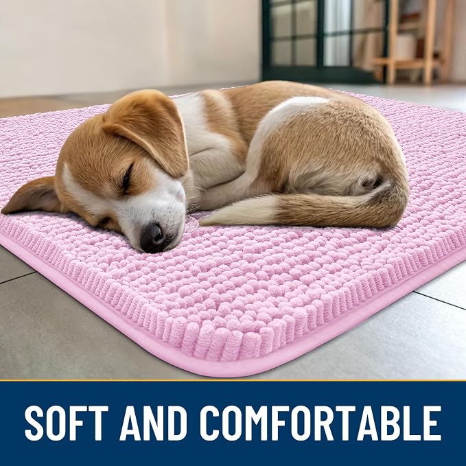 Smiry Dog Door Mat for Muddy Paws 47x24, Absorbent Dirt Trapper, Non-Slip Washable Chenille Entryway Rug for Inside Floor, Pink, Classic Solid