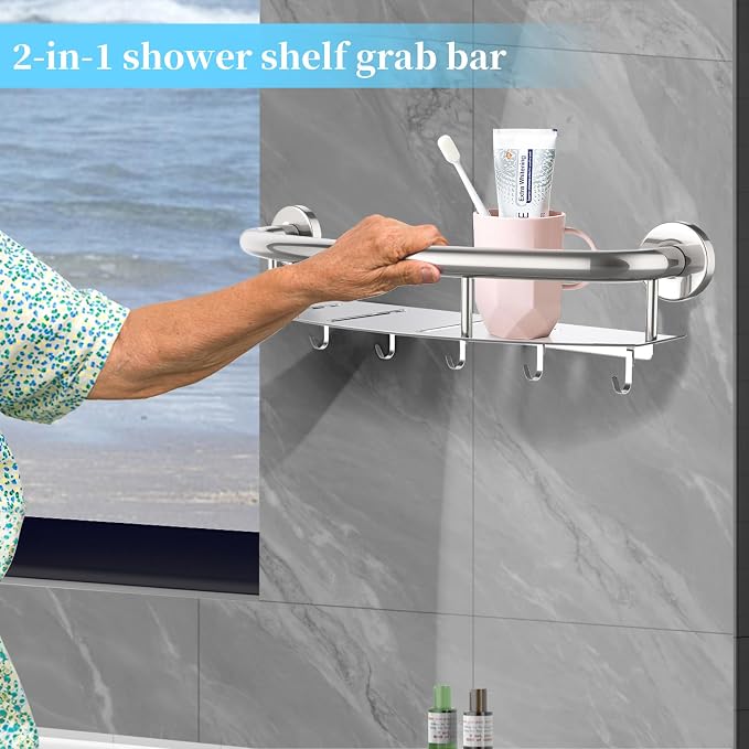 Munzong 18 Inch Shower Grab Bar w/Storage Shelf, Stainless Steel 2 in 1 Bathroom Grab Bar, Wall Mount Balance Bar, Safety Hand Rail Support Handicap Elderly Injury Senior Assist Bath Handle