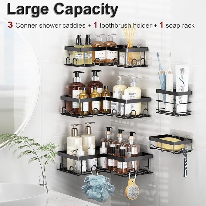 Liuoud Corner Shower Caddy 5 Pack, Rustproof Stainless Steel Shower Organizer with Soap Rack Toothbrush Holder, Large Capacity Adhesive No Drilling Bathroom Storage Decor Set, Black