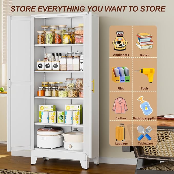 71" White Metal Garage Storage Cabinet with 2 Doors and 4 Adjustable Shelves,Kitchen Pantry Cabinet,File Cabinet,Steel Tool Cabinet for Home,Office,Garage,School,Warehouse