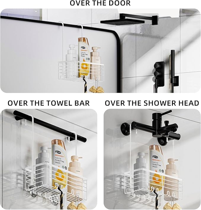 SHANSHUI Shower Caddy Hanging Bathroom Organizer Basket, Shampoo Bracket, Over Door Showers Caddy with Hooks, 304 Stainless Steel Rust Proof Rack- White
