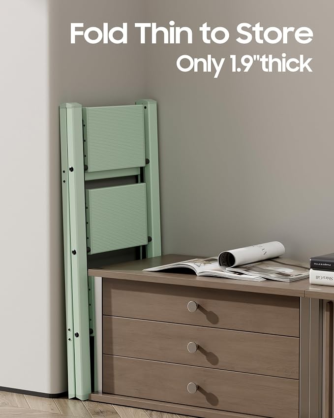 HillhutApex 3 Step Ladder, Lightweight Portable 3 Step Stool with Anti-Slip Wide Pedal, 330lbs Capacity Aluminum Ladder for Household,Office,Kitchen(Pale Green)
