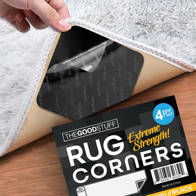 Anti Slip Rug Corner Grips - Four Pack - Quickly and Easily Secure Rugs and Runners to Laminate and Wooden Floors - by The Good Stuff