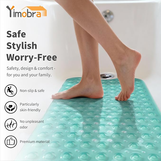 Yimobra Non Slip Bathtub Mat 40 x 16 Inch, Extra Long Shower Mat with Drain Holes, Machine Washable Baby Bath Mats, Strong Suction Cups for Bathroom Floor, Clear Green