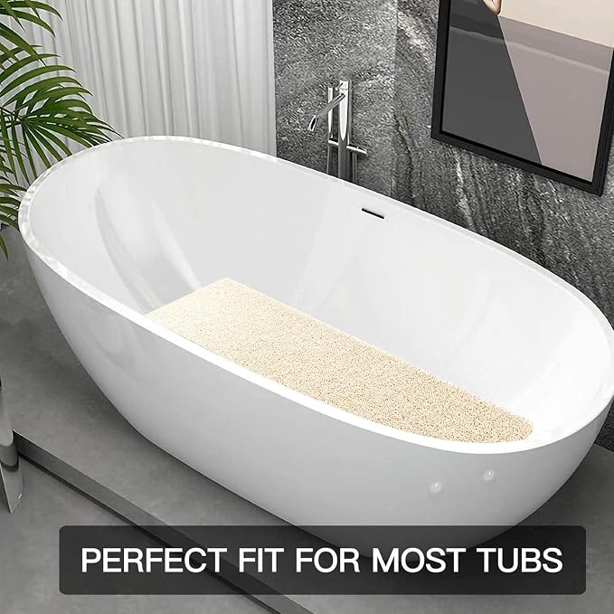 SONGZIMING Shower Mat Non Slip Without Suction Cup, 32x17 Inch PVC Loofah Shower, Bath, Tub Mat with Drain for Textured Surface, Quick Drying (Beige)