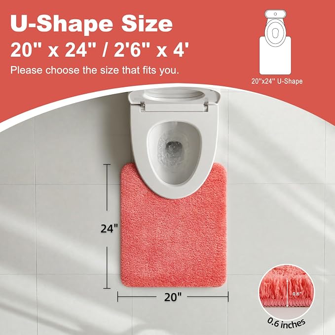 TYUU Toilet Rug, Ultra Soft Toilet Rugs U Shaped Machine Washable Non Slip Absorbent Quick Dry Toilet Mat with Rubber Backing, Pink 20" x 24" U Shape