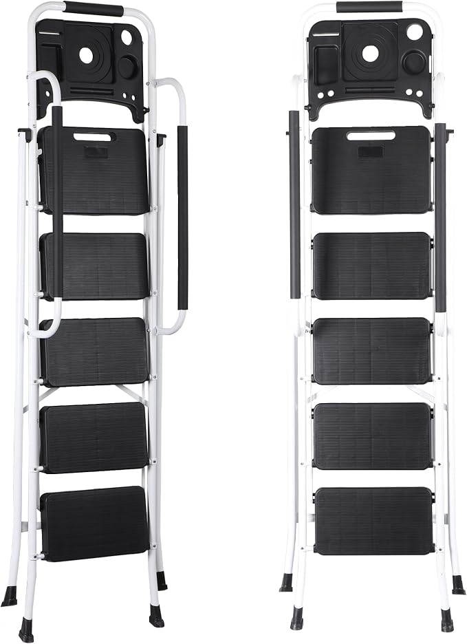 ZENY 5 Step Ladder, Step Stool Foldable with Anti-Slip Pedal & Comfortable Handrail, Sturdy Steel Ladder, Protable Heavy Duty Step Stool for Kitchen, Garage & Outdoor Use (White)