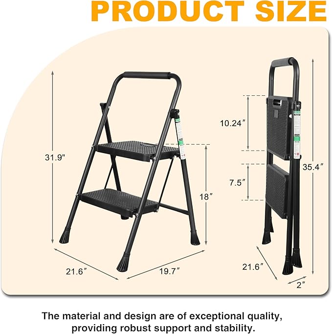 Step Ladder, Portable Steel Folding Step Stool with Wide Anti-Slip Pedal & Convenient Handgrip, Sturdy Steel Ladder, 2-Step, Black
