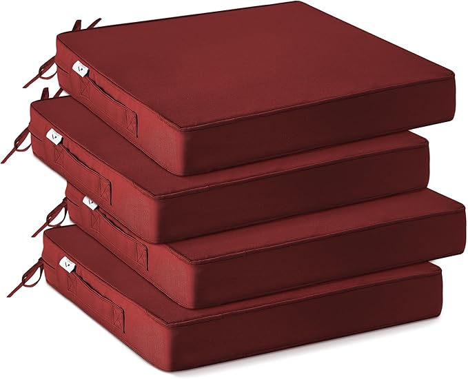 IPYNBAP Outdoor Chair Cushions Set of 4 -Waterproof Outdoor Seat Cushions for Patio Furniture, Patio Chair Cushion with Handle and Ties, Out Door Chair Pads,18.5x16x3-Square, Burgundy