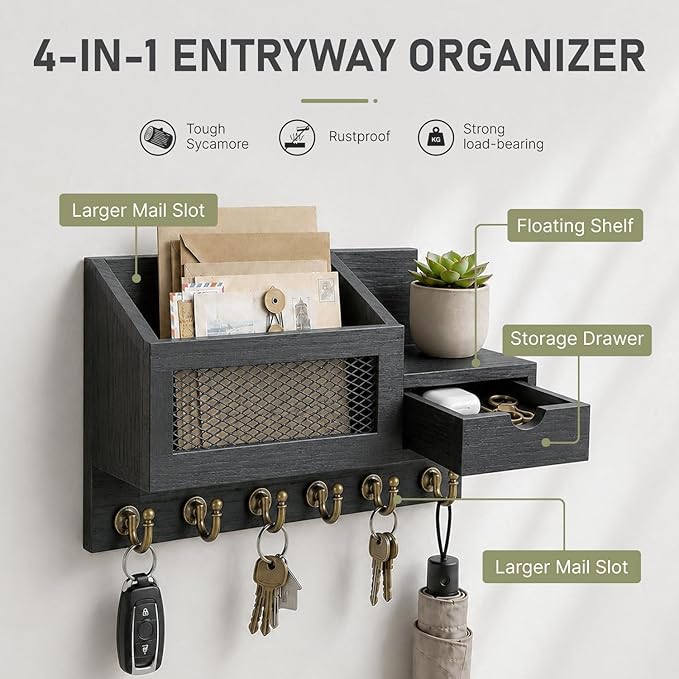 FifthQuarter Key and Mail Holder for Wall, Mail Organizer Wall Mount with 6 Hooks and Storage Drawer, Easy Installation Key Rack for Entryway and Home Decor (B-Black)