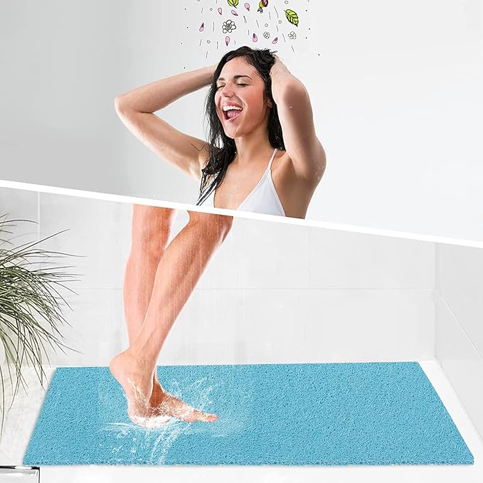 godehone Shower Mats Non Slip Without Suction Cups, PVC Loofah Bathroom Mats, Loofah Mats for Shower and Bathroom, Quick Drying, 15.7× 36 Inch, Turquoise Blue