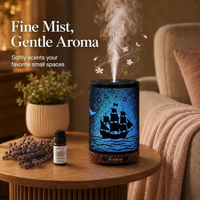 Essential Oil Diffuser 120ML Metal Aromatherapy Diffuser with Timer, Cool Mist Humidifier with Auto Shut-Off & 7 Color Lights for Home Office Spa (Sailing Ship)