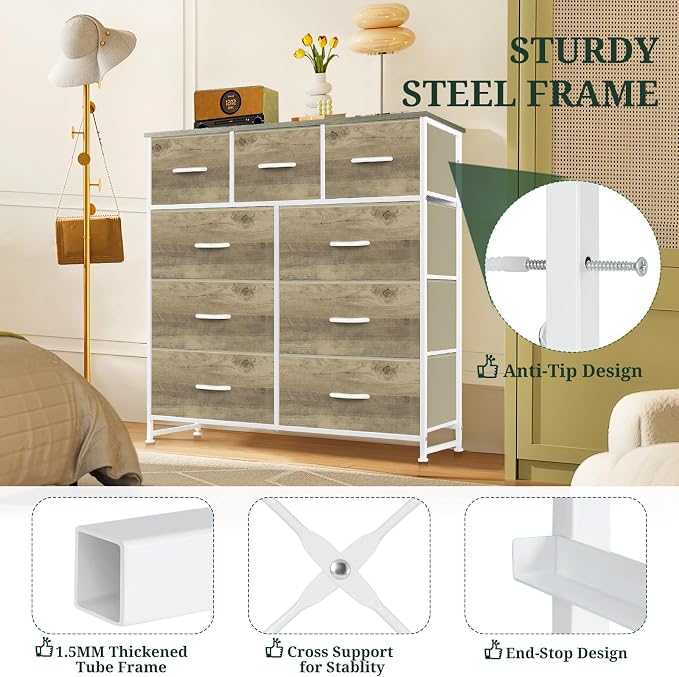 9-Drawer Dresser for Bedroom, Anti-Tip Tall Storage Organizer Chest of Drawers with Wooden Top and Metal Frame Fabric Bins for Closet, Living Room, Hallway, Entryway, Greige Oak