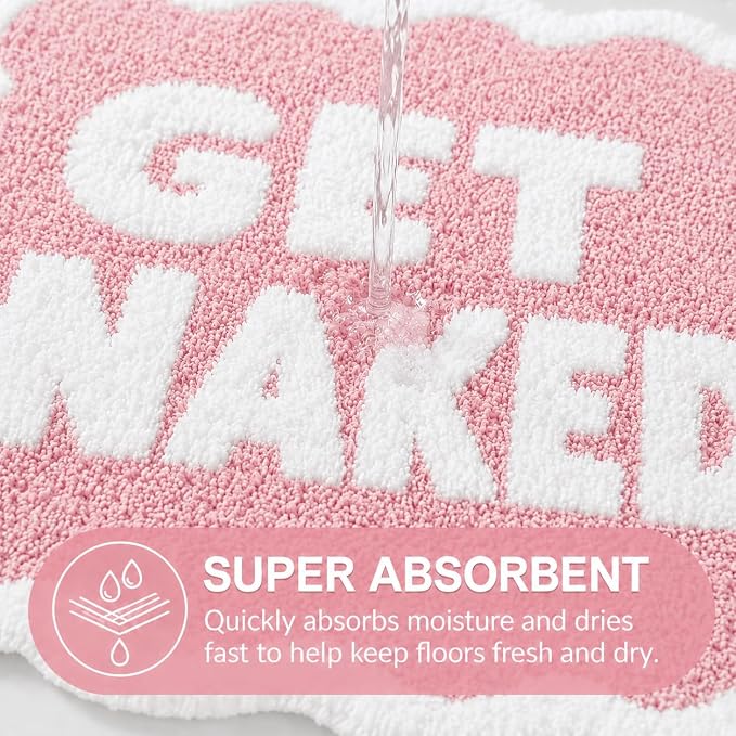 Scalloped Pink Bath Rug, Get Naked Cute Bathroom Rug, Soft Absorbent Quick Dry Bath Mat, TPR Non Slip Backing, Microfiber Mat for Shower Tub Sink Vanity 20" x 31.5"