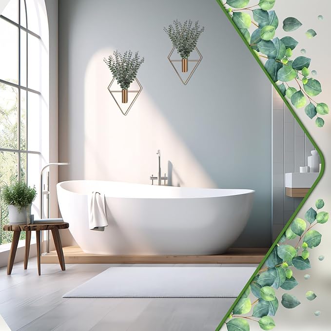 Jexine 4 Pcs Hanging Planters with Artificial Eucalyptus Metal Hanging Vase Indoor Plants Holder Modern Geometric Boho Bathroom Wall Decor for Living Room Home Office (Eucalyptus,Bronze)