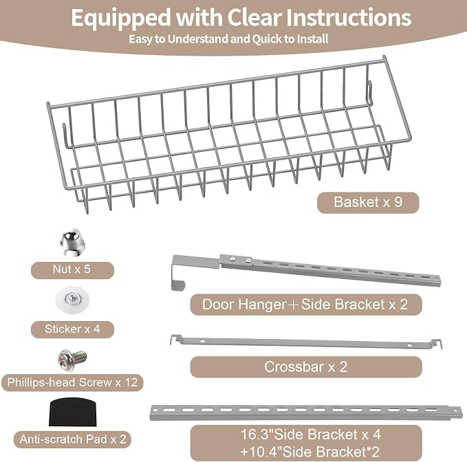ElegantArray 9-Tier Pantry Door Oragnizer, Over The Door Pantry Organizer Rack and Storage, Hanging Spice Rack Shelves Door, Home Office Laundry Room Bathroom & Kitchen Organization, Light Gray