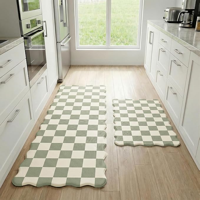 Scalloped Beige Sage Checkered Grid Checkerboard Kitchen Rug Sets [2 PCs], Anti-Fatigue, Waterproof Non-Slip Kitchen Mats Heavy Duty Comfort Foam Rug for Kitchen, Floor, Laundry,17"x29"+17"x47"