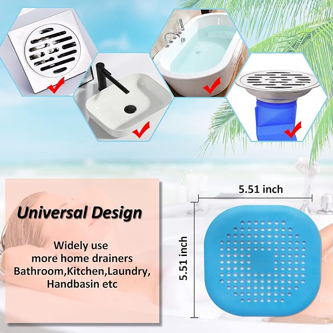 Hair Drain Catcher,Square Drain Cover for Shower Silicone Hair Stopper with Suction Cup,Easy to Install Suit for Bathroom,Bathtub,Kitchen 2 Pack (Blue)