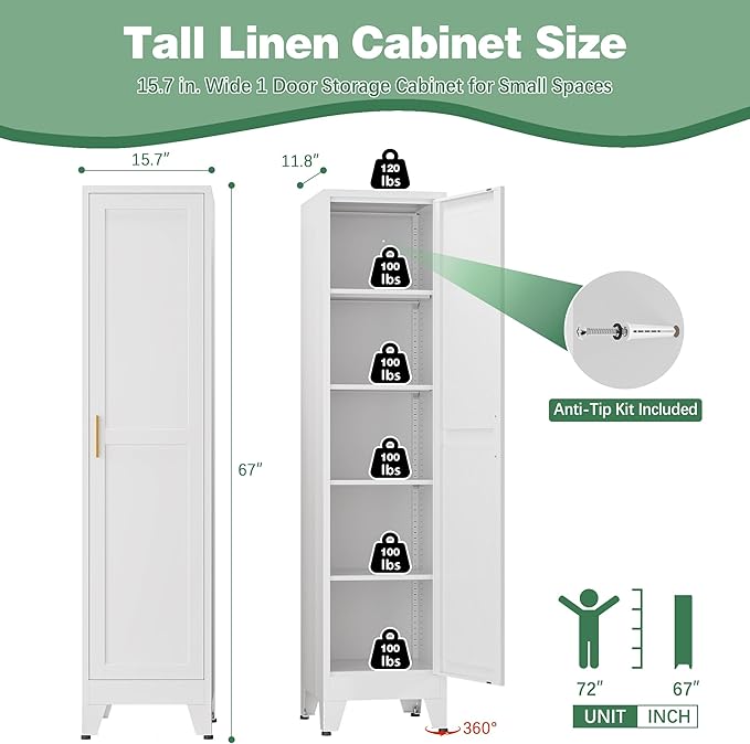 Bevivog Tall Bathroom Storage Cabinet, 67" Narrow Metal Storage Cabinets, Freestanding Tall Linen Cabinet, Slim Kitchen Pantry Cabinets with Shelves
