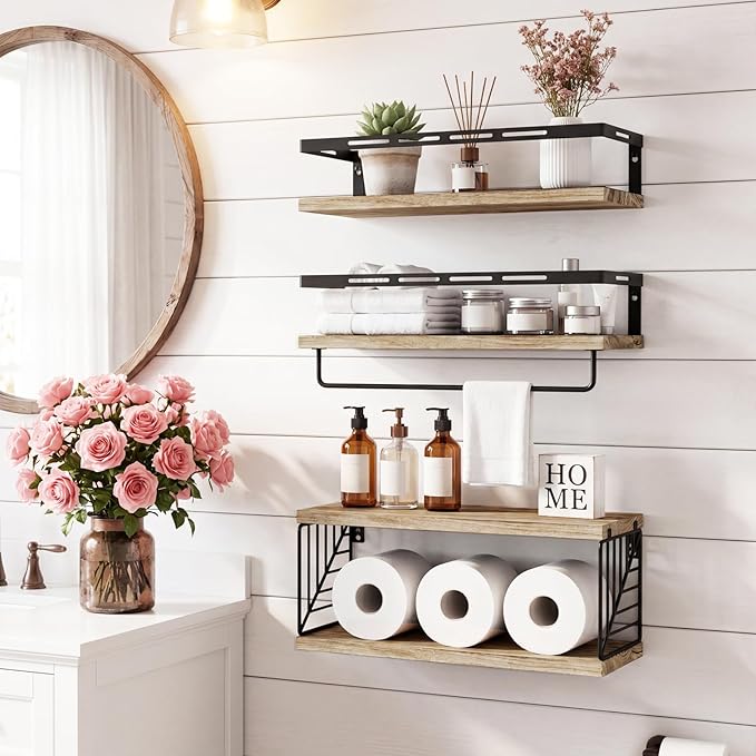 Fixwal Bathroom Shelves Over Toilet, Floating Shelves Wall Mounted with Metal Frame and Towel Bar for Bathroom, Kitchen, Bedroom, Living Room (3 Plus 1 Rustic Brown)