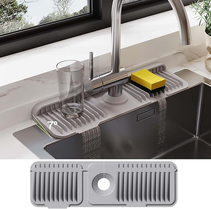 18 Inch Silicone Faucet Mat for Kitchen Sink Splash Guard – 2025 Upgraded Draining Mat with Water Tray Behind Faucet – Countertop Protectors to Catch Spills (Gray, 17.7" x 5.5")