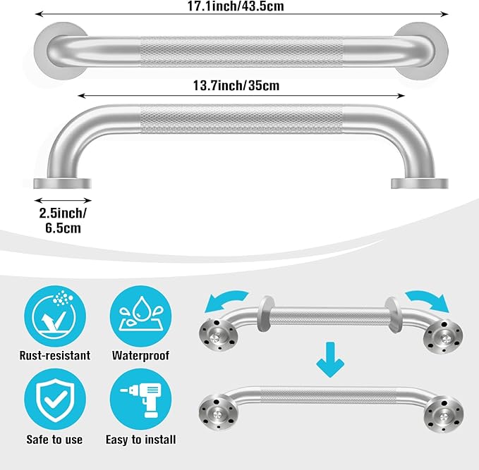 16 Inch Shower Grab Bar for Seniors 2 Pack, Heavy Duty 304 Stainless Steel Anti-Slip Bathroom Safety Handicap Grab Bar for Shower, Bathtub & Toilet, Wall Mounted, Supports 500lbs
