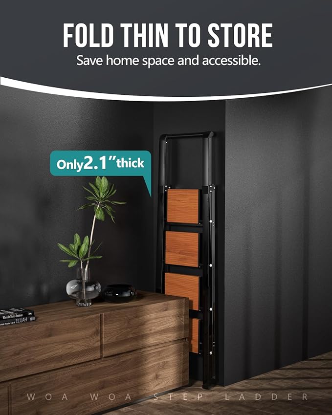 WOA WOA 4 Step Ladder, Ladders for Home, Anti-Slip Pedals, Aluminum Step Stool Foldable, Lightweight to Move, Ease of Storage, Reach 9ft for Closet Kitchen Library, Hold 300lbs - Black&Wood Grain