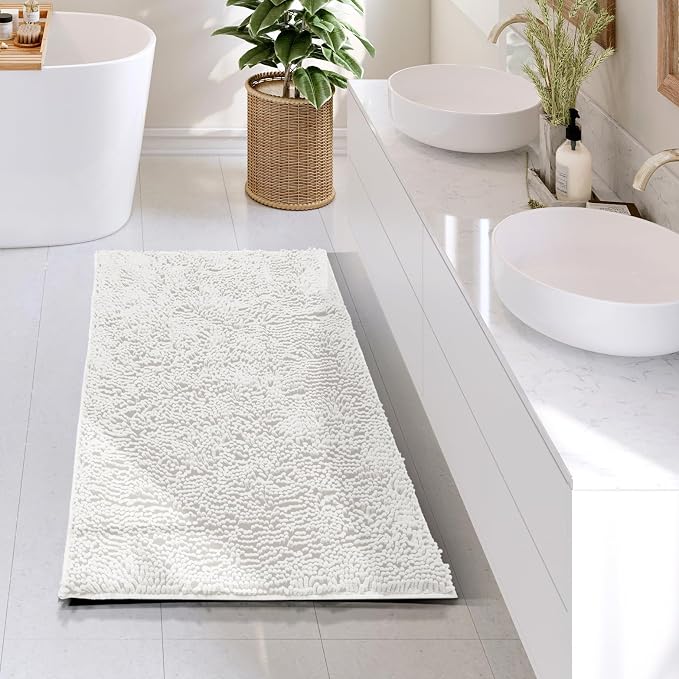 Hearth & Harbor Bathroom Rugs, Chenille Bath Mat - Machine Washable Bath Mats for Bathroom Non-Slip Backing Rubber, Quick Dry Bathroom Mat - White 24x36