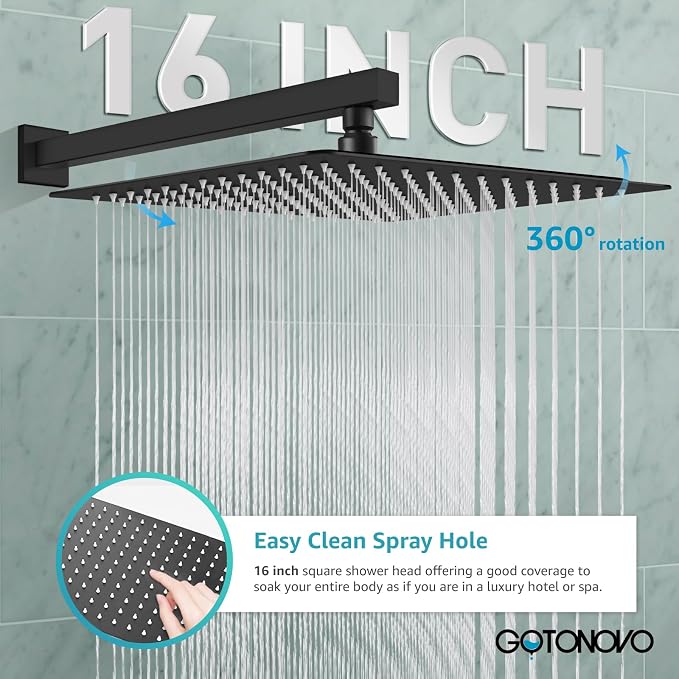 gotonovo Rainfall Bathroom Shower System Rain Shower Head and Handle Set Wall Mounted Shower Complete Combo Solid Brass Pressure Balancing Shower Mixer Valve 16 Inch Matte Black