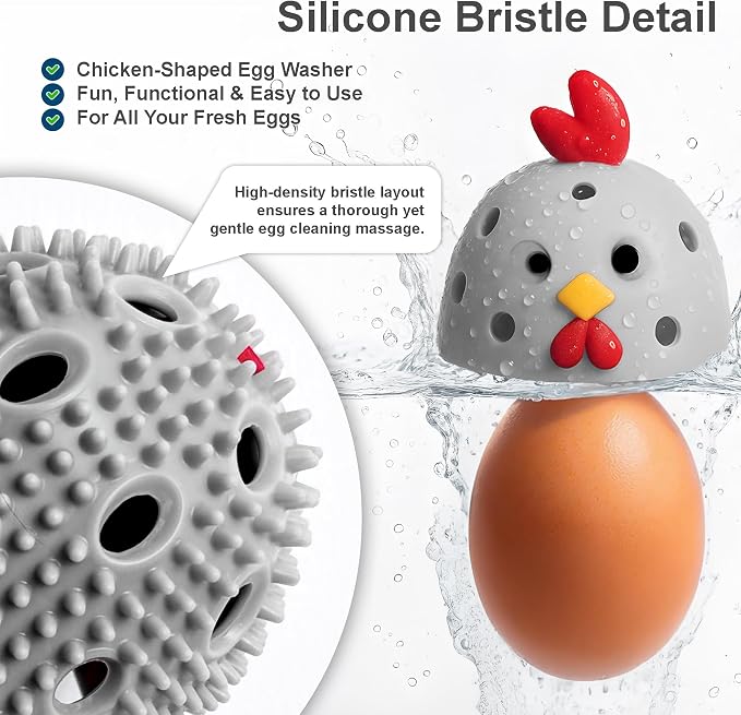 Egg Washer for Fresh Eggs, Egg Scrubber for Fresh Eggs, Reusable Silicone Chicken Shaped Scrubs, Chicken Egg Cleaner, Eggshell Cleaner for Poultry Farm, Housewife Kitchen Helper Tool (Gray Chick Cap)