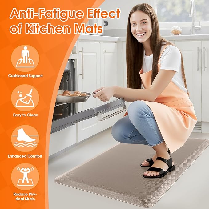 TranquilRelax Kitchen Mat, Cushioned Thick Floor Comfort Mat, with Non-Slip Bottom, Waterproof & Stain Resistant & Easy Clean, Standing Desk Mat for Kitchen, Sink, Office (17.3''x28'', Khaki)