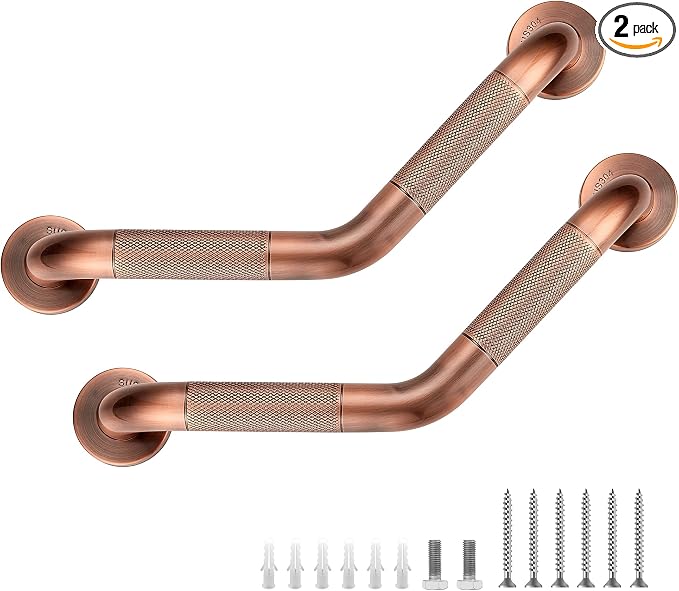 Grab Bars for Bathtubs and Showers- 1-1/4 x 16 Angled Shower Grab Bar for Seniors Knurled Stainless Steel Handicap Grab Bars for Wall (Antique Copper, 2 Pack)