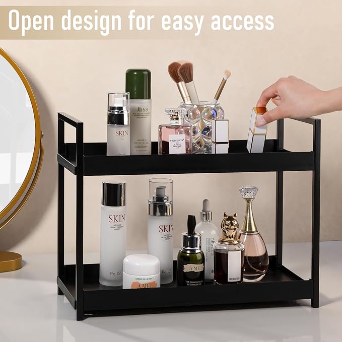 Bathroom Counter Organizer 2 Tier Vanity Storage Countertop Shelf Makeup Organizer Perfume Tray Skincare Holder for Sink, Dresser, Kitchen, Large Black