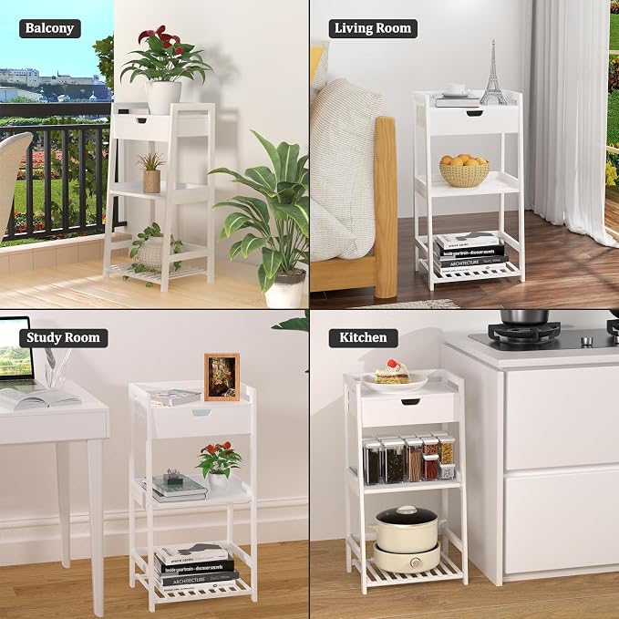 POXAKA 3 Tier Bamboo Bathroom Shelves with Drawer, Ladder Shelf for Bathroom Storage, Space-Saving Design, Stylish Display Nightstand, Stylish Storage Solution for Home, Living Room, Kitchen, Office