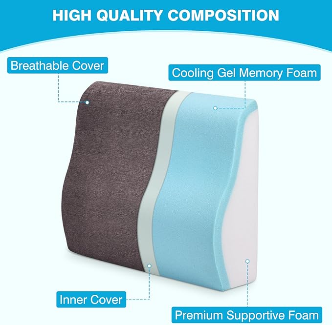 Back Support Pillow for Recliner Dual Layer Lumbar Support Pillow with Gel Memory Foam Ergonomic Orthopedic Couch Lumbar Cushions for Elderly Lower Back Pain Relief Washable Cover Brown
