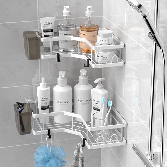 AKTECKE Shower Caddy Corner Organizer Shelf: 2Pack Adhesive Shower Essentials Accessories - No-Drilling Stainless Steel Bathroom Storage Rack with Hooks and Toothpaste Holder