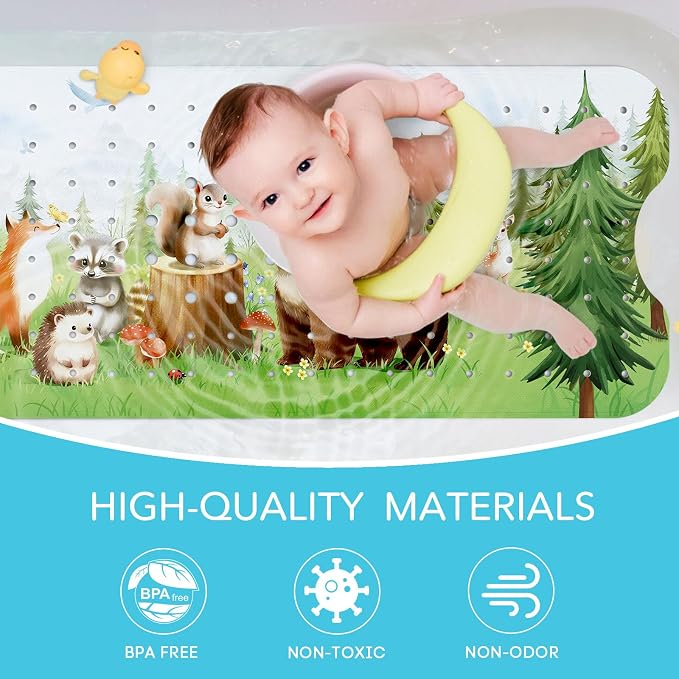 SHUCHING Woodland Animal Bath Mat for Tub Non Slip-40 X 16 Inch, Bathtub Mat Non Slip for Baby Kids, Long Toddler Shower Mat for Bathroom