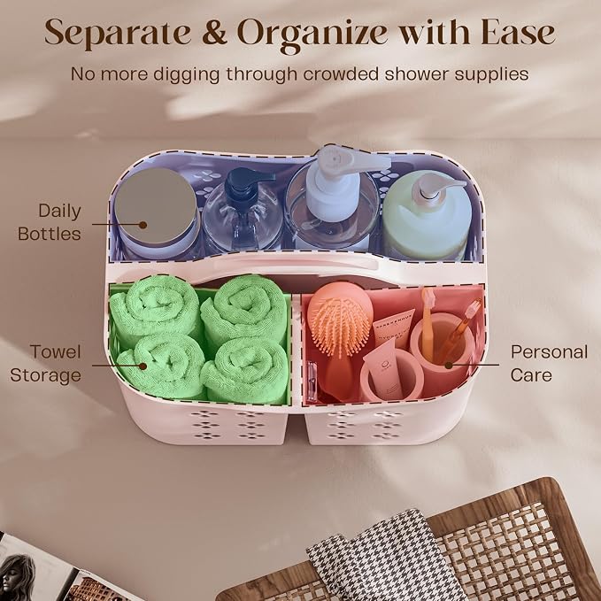 Portable Shower Caddy with Handle, Large Capacity Shower Basket Organizer, Quick-Drain Bathroom Storage Tote, Durable Plastic Shower Organizer for College Dorm, Beach, Gym, Travel Essentials, Pink