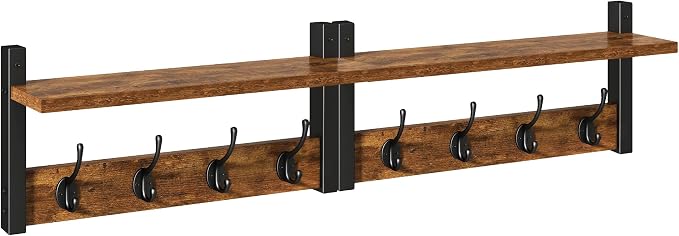 YMYNY Coat Rack Shelf Wall Mounted, Coat Hooks Set of 2, Entryway Coat Hanger with 8 Hooks, 31.5" Wall Floating Shelf with Hat Rack, for Kitchen, Bedroom, Bathroom, Rustic Brown UHWS001H-2