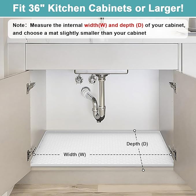 Under Sink Mats for Kitchen Waterproof, Silicone Under Kitchen Sink Mat and Protector for 34" x 22" Cabinets, Under Sink Organizer Tray, Shelf Liner Cabinet Liner for Bathroom, White