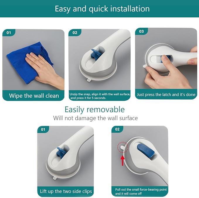 Grab Bars for Bathtubs and Showers, Suction Cup Shower Handle, Removable No Drill Bathroom Safety Assist Grip, Tool Free Install for Seniors and Adults, Shower, Tub, Toilet, RV, 2 Pack