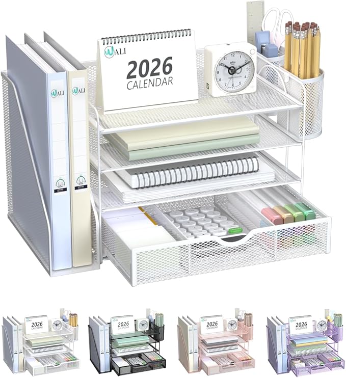 WALI Desk File Organizer, 4 Tier Desktop Paper Letter Tray Organizer with Drawer and 2 Pen Holders, Office Desk Accessories & Workspace Organizers for Office, Home Supplies(DO005DH-W), 1 Pack, White