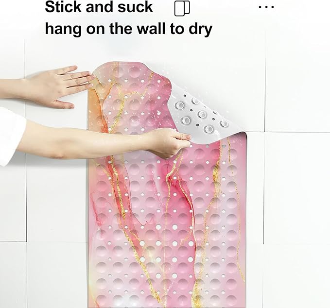 LNOND Marble Bath Tub Mat Non Slip, Extra Long 40 X 16 Inch Anti Slip Mat for Bathtub, Pink Gold Marble Shower Mat with Drain Holes and Suction Cups, Machine Washable