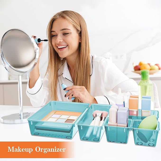 SpaceHacks 25 PCS Plastic Drawer Organizer Set, 4-Size Versatile Organizer Trays & storage Bins for Makeup, Jewelry, and Gadgets in Bathroom, Bedroom and Office, Sea Blue