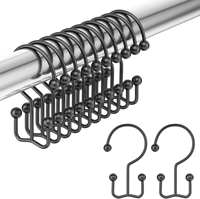 Amazer Shower Curtain Hooks, Black Stainless Steel Shower Hooks for Bathroom Shower Curtain Rod, 12pcs