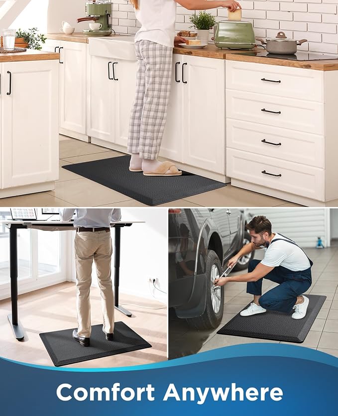 Ophanie Kitchen Mats for Floor, 1/2 inch Thick, 20x32 Anti Fatigue Cushioned Mat, Kitchen Rugs, Waterproof, Comfort Ergonomic Standing Mat for Office, Home, Sink, Black Non-Slip Ridged Bottom